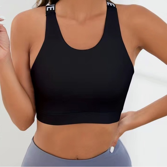 U-neck Letter Criss Cross Back Sports Bra, Sleeveless Yoga Fitness Workout Tank - Picture 9 of 10